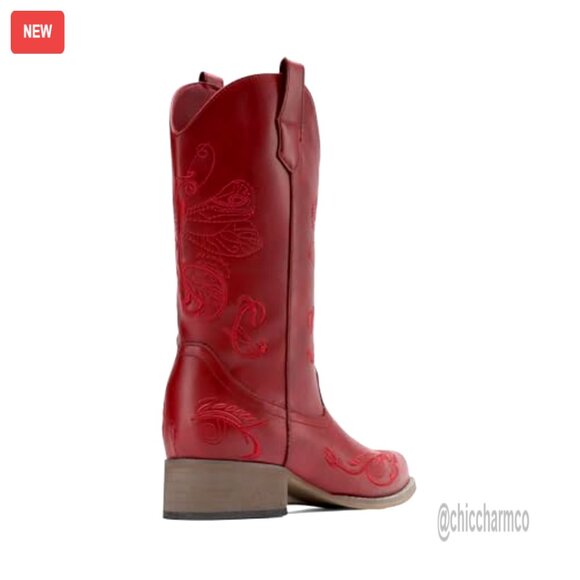 Women's Square Toe Cowboy Boots Mid Calf Western Pull On Chunky Heel - Picture 5 of 7